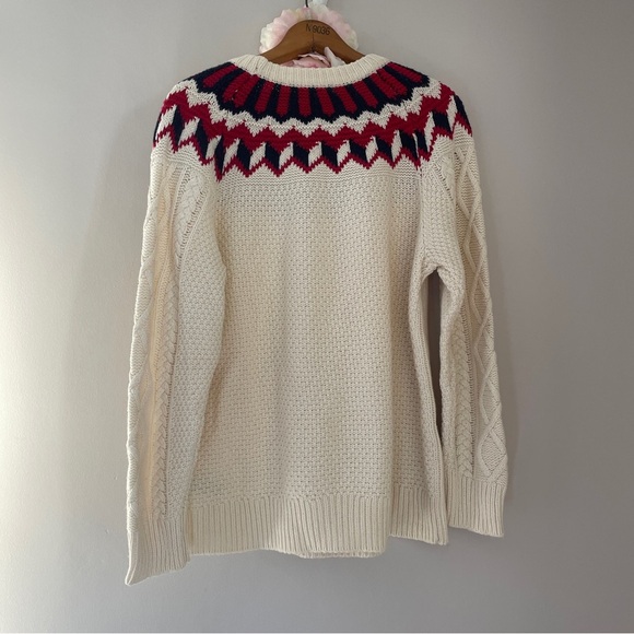J. Crew Fair Isle Sweater Merino Wool Blend Fisherman Sweater Ivory Red Large L - Picture 7 of 9
